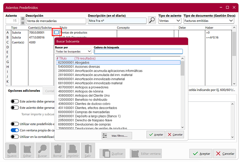 Ventana Asientos Predefinidos y ventana Buscar Subcuenta en ClassicConta 7.